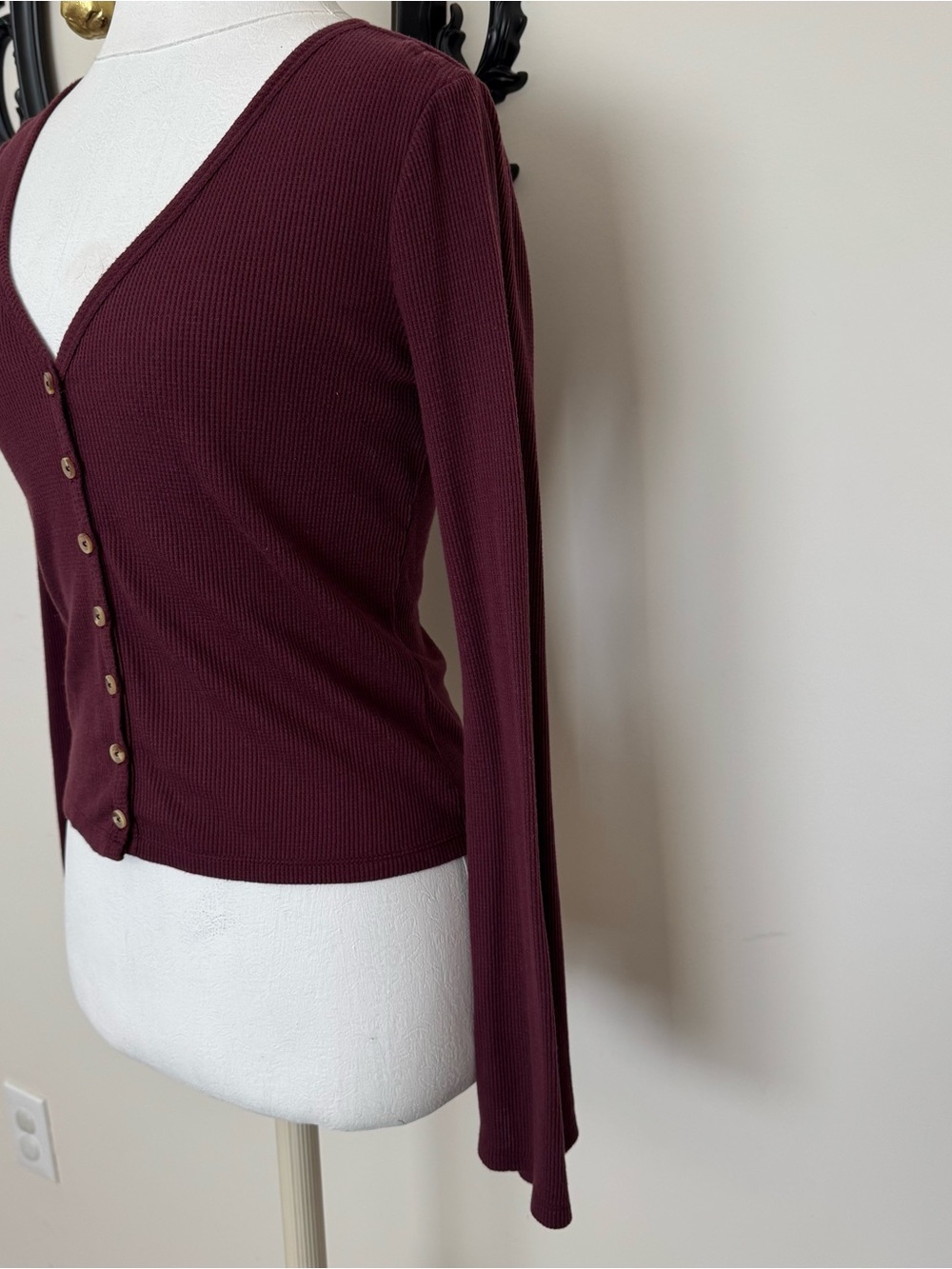Others Follow Burgundy Ribbed V-Neck Top with Buttons - Picture 6 of 8